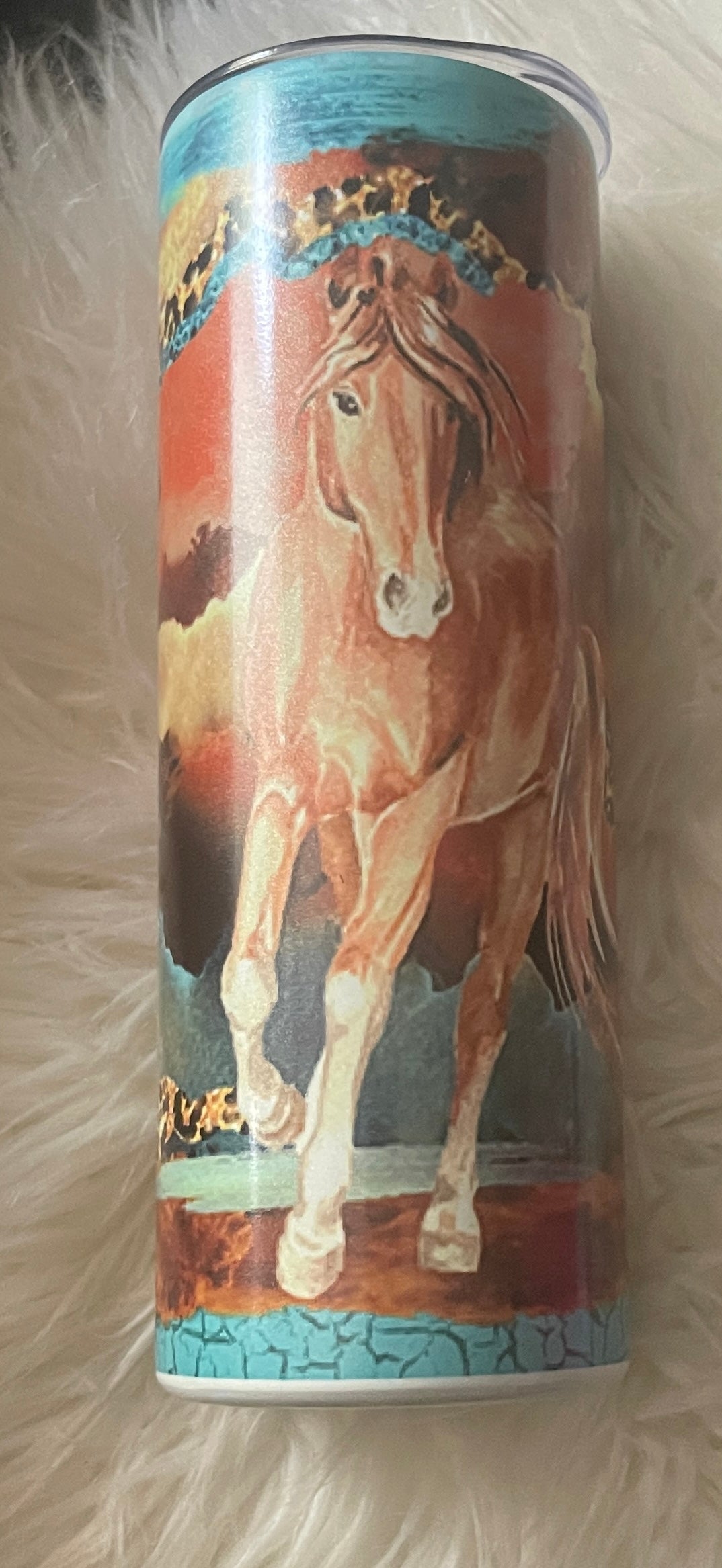 Horse on teal and crackle background tumbler