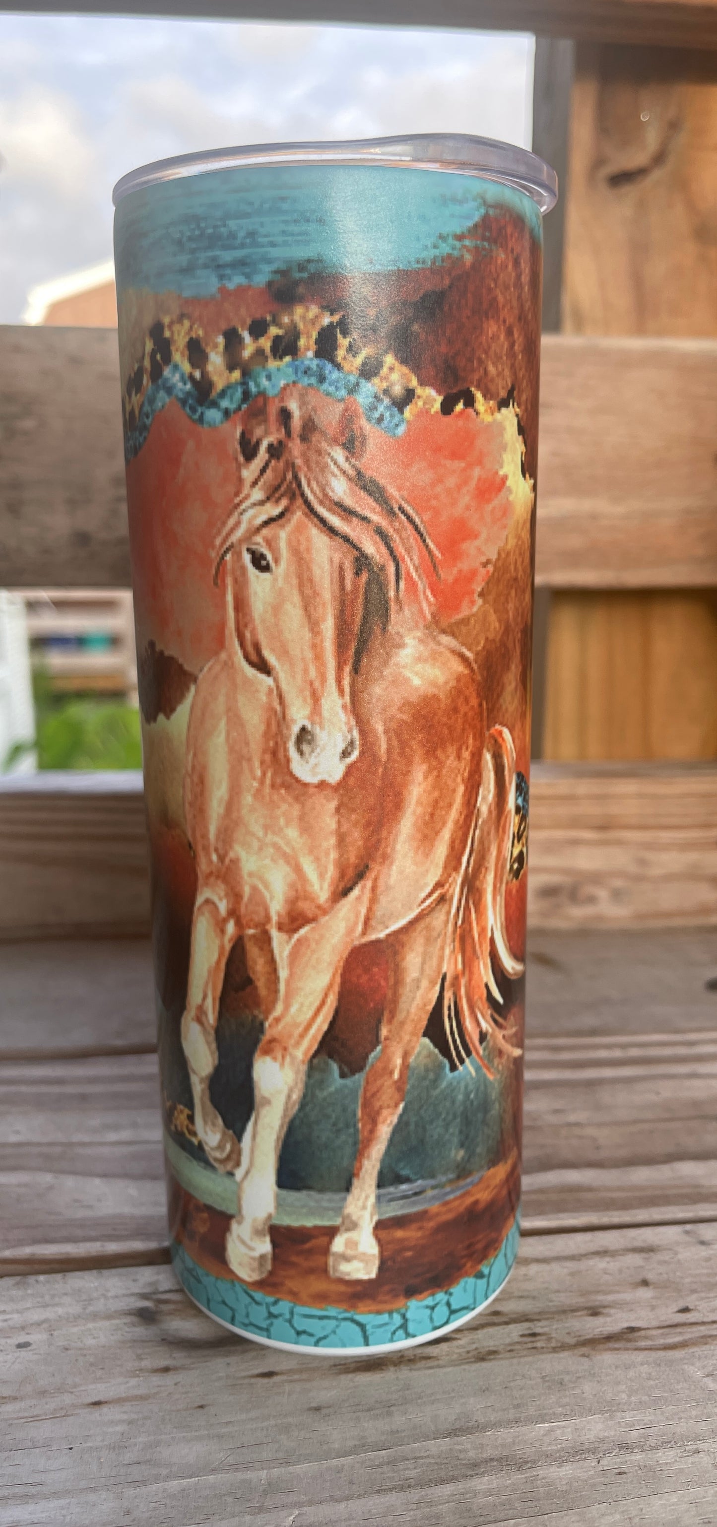 Horse on teal and crackle background tumbler