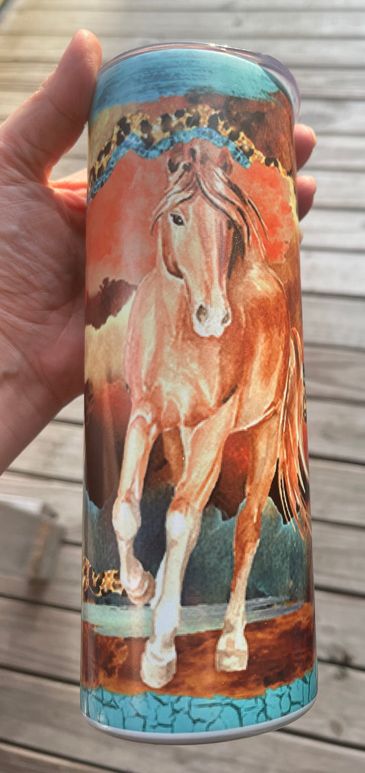 Horse on teal and crackle background tumbler