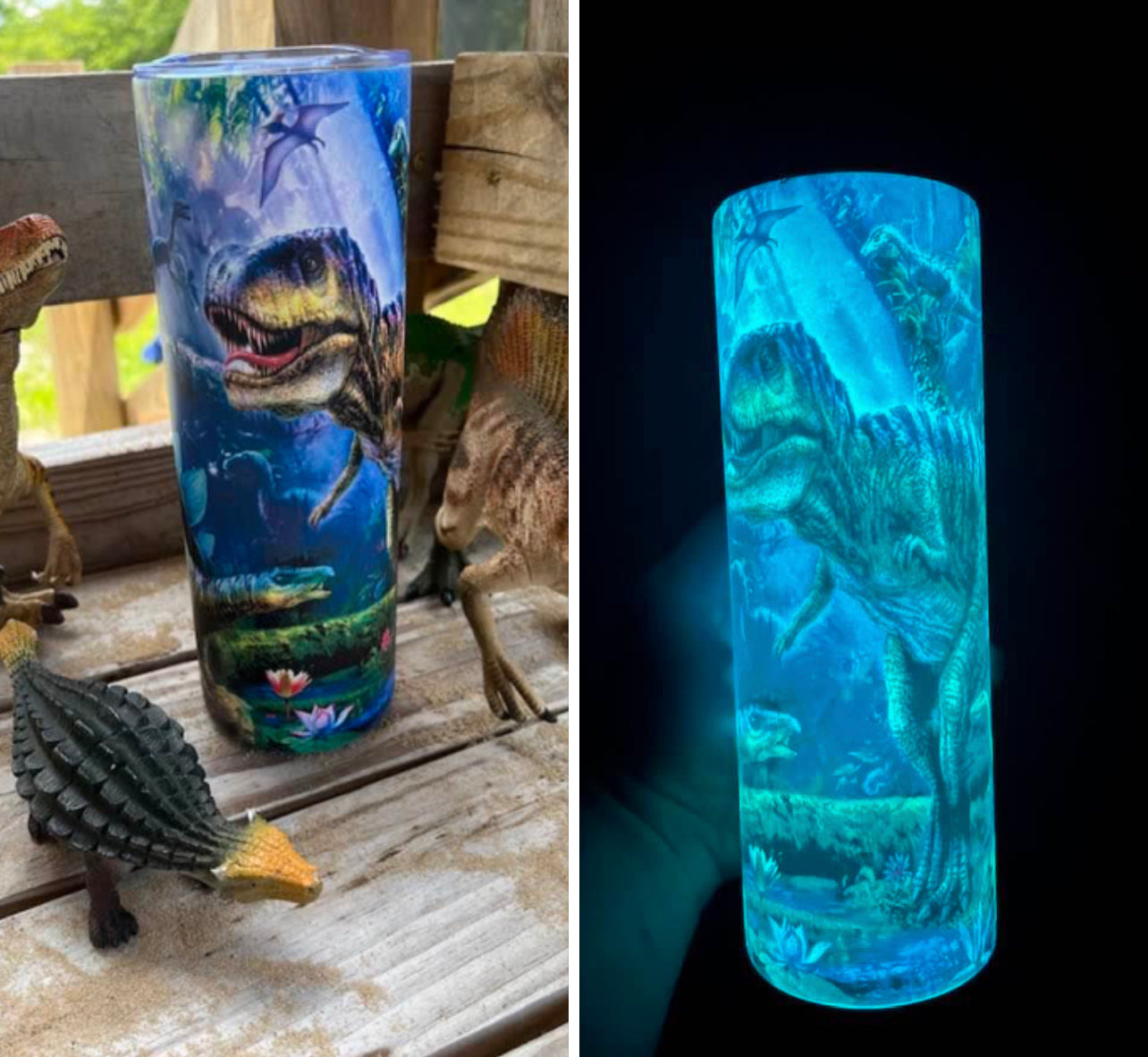 Dinosaur glossy or glow in the dark blue 20oz tumbler