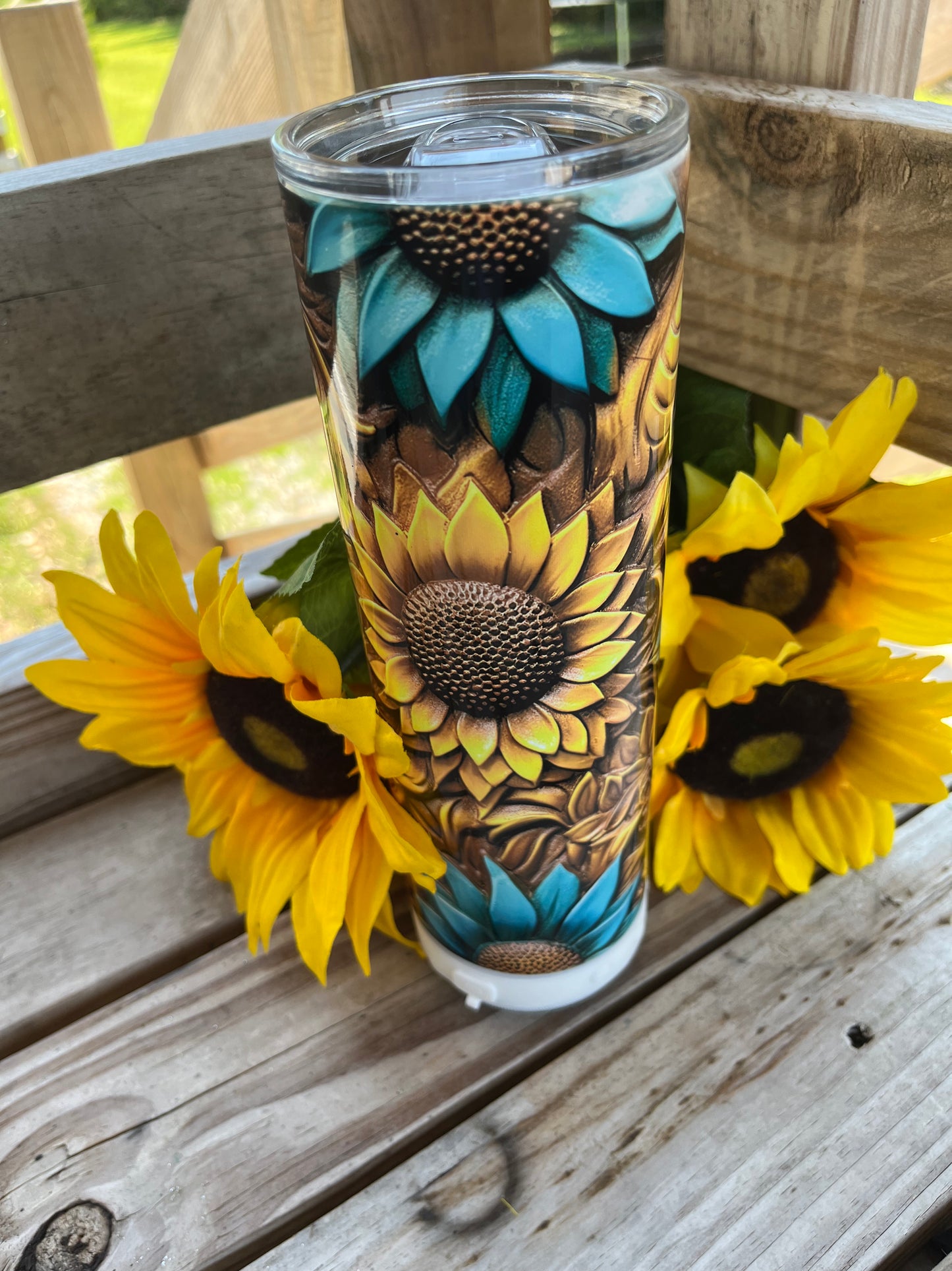 3D Yellow and Teal Sunflower 20oz regular glossy tumbler or on a 20oz Bluetooth glossy tumbler