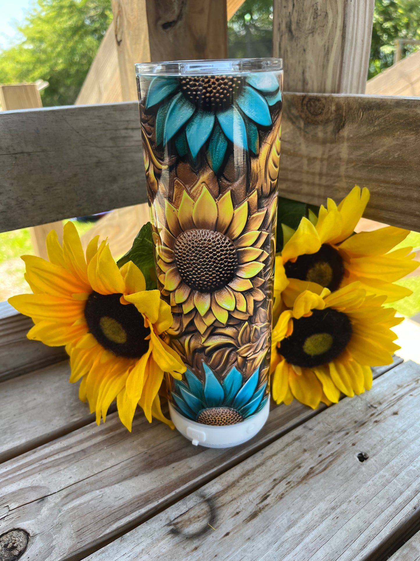 3D Yellow and Teal Sunflower 20oz regular glossy tumbler or on a 20oz Bluetooth glossy tumbler