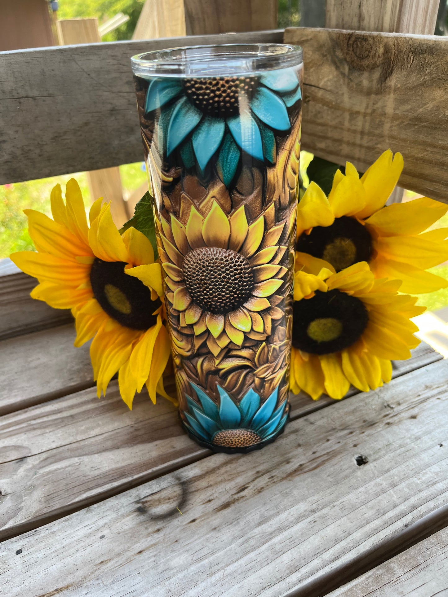 3D Yellow and Teal Sunflower 20oz regular glossy tumbler or on a 20oz Bluetooth glossy tumbler