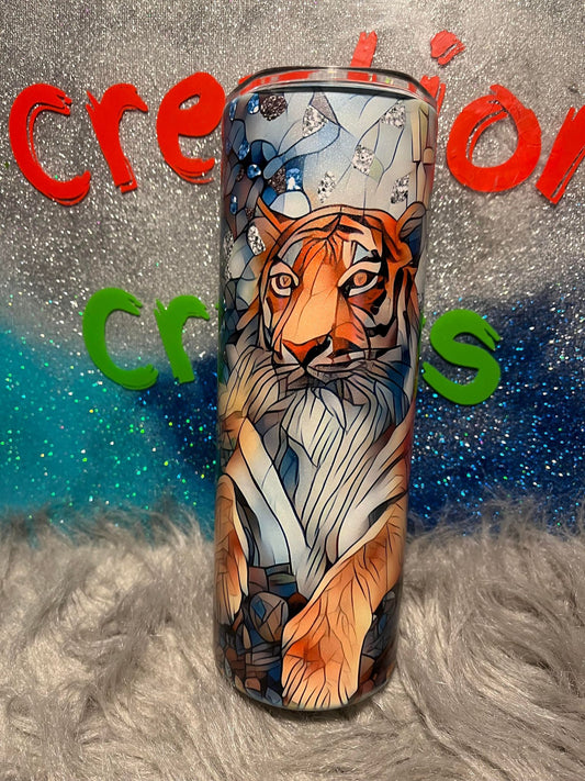 20oz skinny Tiger tumbler turns orange in sun and glows green in dark