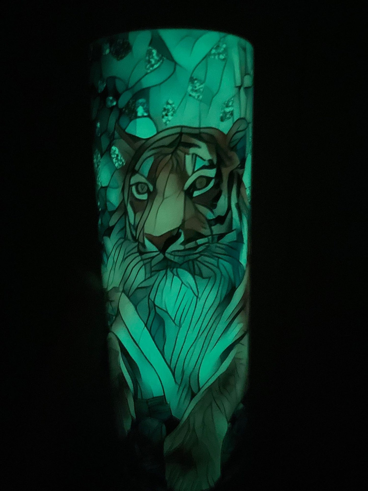 20oz skinny Tiger tumbler turns orange in sun and glows green in dark