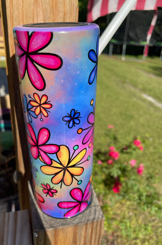 Colorful Summer Flower 3-in-1 uv glow tumbler in purple uv and green glow