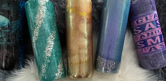 20oz stainless steel tumbler ready to be finished with your design/blue ombré with silver glitter/gold glitter cup and other cups in epoxy