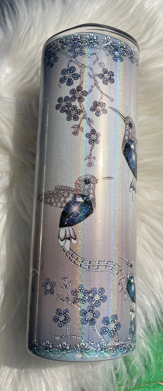 20oz blue jewel hummingbird on your choice of white shimmer smooth glitter tumbler or silver stainless steel sublimation tumbler/nature/bird