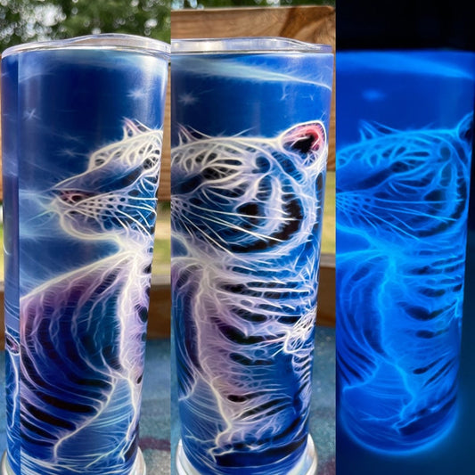 20oz skinny glossy or blue glow in the dark white tiger stainless steel tumbler/nature/animal lover/gift idea