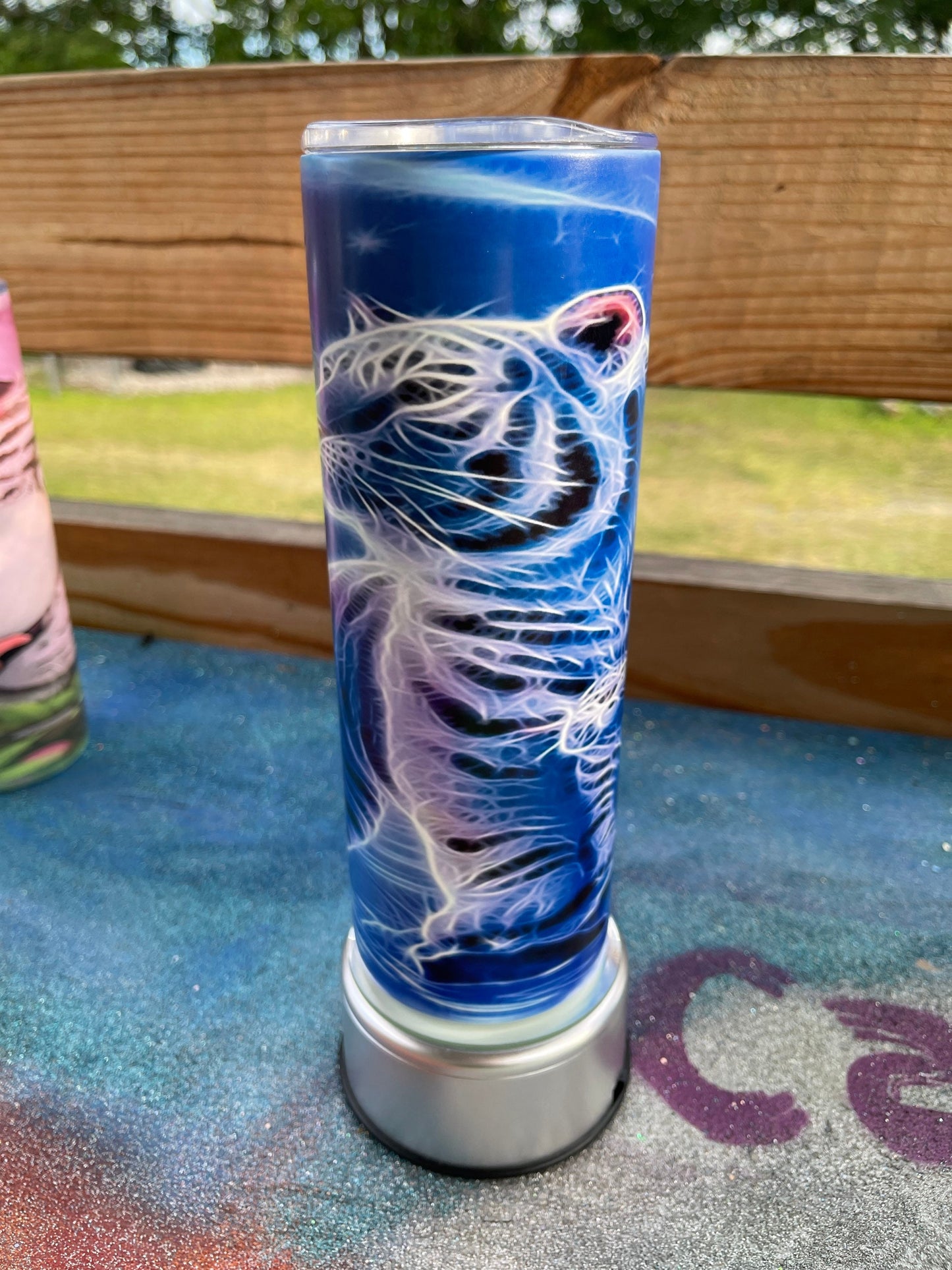 20oz skinny glossy or blue glow in the dark white tiger stainless steel tumbler/nature/animal lover/gift idea