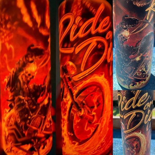 20oz Red/Orange glow in the dark ride or die motorcycle with Skelton rider Stainless Steel Tumbler/for him/gift/king of the road/leather man